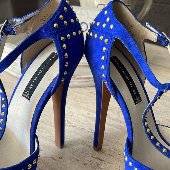 STEVEN Steve Madden ASTRRO Blue Gold Studded Leather Suede Stiletto heel Sz 8.5 - Picture 14 of 17